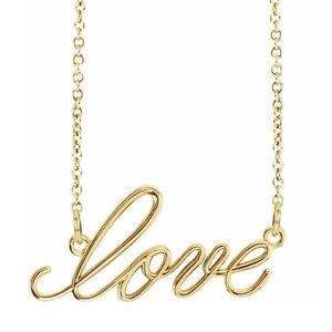 14K Yellow Gold Small Love Script Necklace, 16 Inch